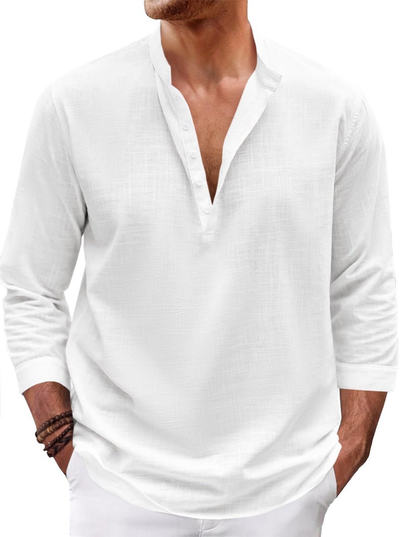 Karlywindow Mens Linen Henley Shirts Long Sleeve Hippie Yoga Summer Beach Casual Henleys T-Shirt White - Image 1